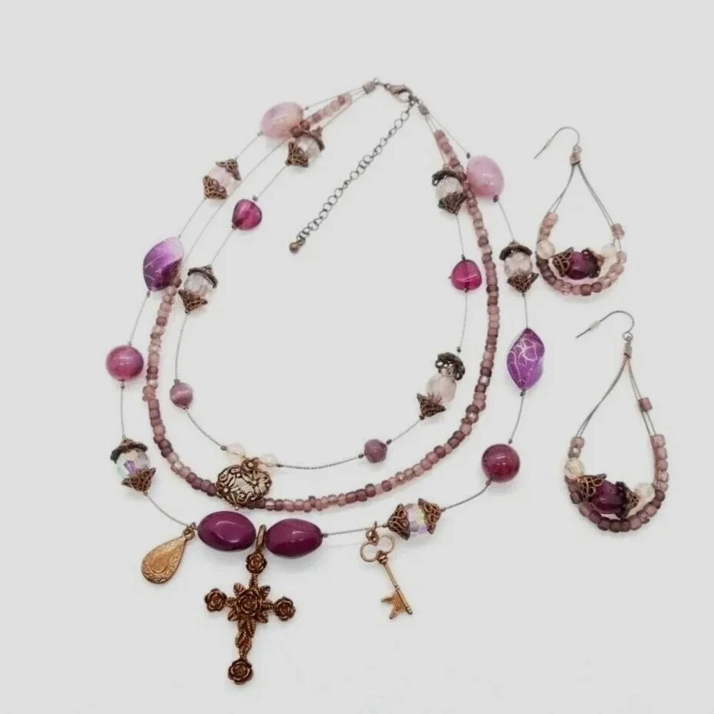 Purple Beaded Necklace‎ Earrings Set Bronze Tone Cross Key Heart Charms Women